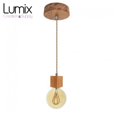 Pendant light prestige porte-douille bombée bois chêne blanc et rosace métal inox satinée