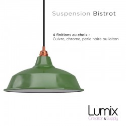 Bistro metal pendant light with green enamel exterior coating