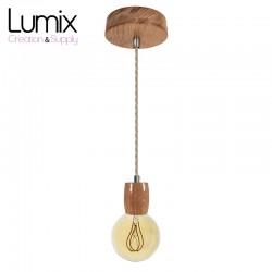 Pendant light prestige porte-douille bombée bois chêne blanc et rosace métal inox satinée