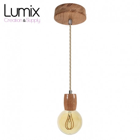Pendant light prestige porte-douille bombée bois chêne blanc et rosace métal inox satinée