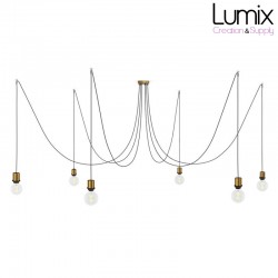 Suspension multiple Médusa 6 lampes avec porte-douille métal avec bague - Câble textile noir rond ou torsadé - 3 finitions