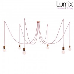 Suspension multiple Médusa 6 lampes avec porte-douille métal avec bague - Câble textile bordeaux rond ou torsadé - 3 finitions