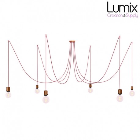 Suspension multiple Médusa 6 lampes avec porte-douille métal avec bague - Câble textile bordeaux rond ou torsadé - 3 finitions