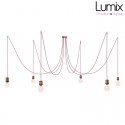 Multiple suspension Medusa 6 lamps with metal holder with ring - Round or twisted burgundy textile cable - 3 finishes