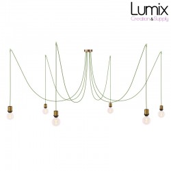 Suspension multiple Médusa 6 lampes avec porte-douille métal avec bague - Câble textile vert foncé rond ou torsadé - 3 finitions