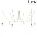 Multiple suspension Medusa 6 lamps with metal holder with ring - Round or twisted dark green textile cable - 3 finishes