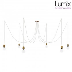 Multiple suspension Medusa 6 lamps with metal holder with ring - Round or twisted neutral textile linen cable - 3 finishes