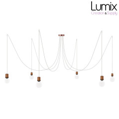 Suspension multiple Médusa 6 lampes avec porte-douille métal avec bague - Câble textile lin neutre rond ou torsadé - 3 finitions