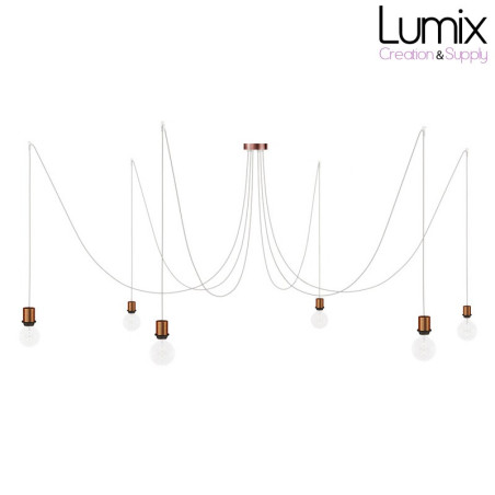 Suspension multiple Médusa 6 lampes avec porte-douille métal avec bague - Câble textile lin neutre rond ou torsadé - 3 finitions