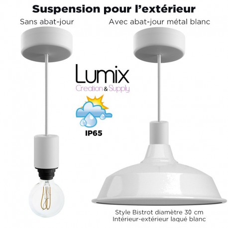 Lampe en suspension pour l'extérieur - Luminaire sur-mesure étanche IP65 - Porte-Douille silicone blanc à bague