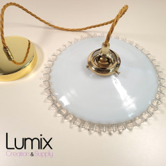 Suspension verre Opaline dentelée douille B22 - Verre soufflé ancien année 1930