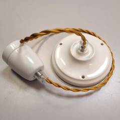 Suspension porcelaine blanche avec câble torsadé doré