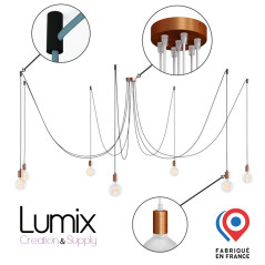 Suspension multiple Octopus 7 - Porte-douille métal couleur Cuivre satiné  avec douille E27 bakélite
