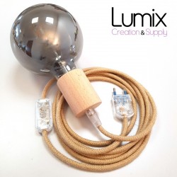 Lampe baladeuse à suspendre câble rond en jute et douille bois