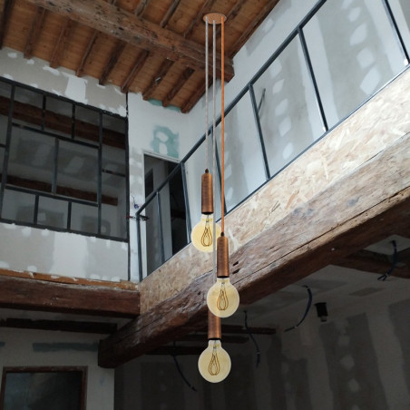 PRIVÉE : 2 Suspensions multiple 3 lampes - Douilles longues en métal et câble textile