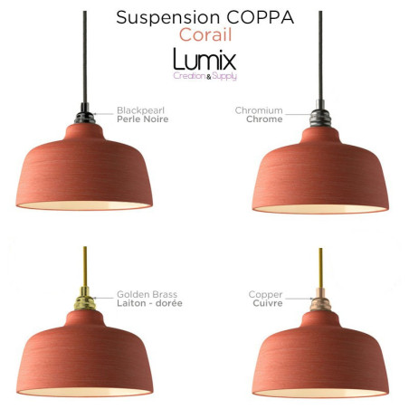 Suspension multiple 3 lampes céramique COPPA CLOCHE CORAIL montées sur pavillon métal 800 mm de long