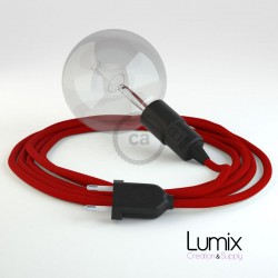RED textile cable portable lamp, E27 black bakelite socket with integrated switch