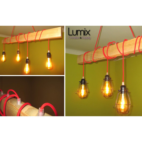Poutre lumineuse bois de frêne massif 4 lampes douilles bakélite noires 220V - environ 100 cm de long