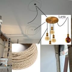 2 Suspensions multiples sur-mesure 5 lampes - Rosace métal Dorée vintage XXL