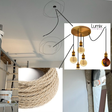 2 Suspensions multiples sur-mesure 5 lampes - Rosace métal Dorée vintage XXL