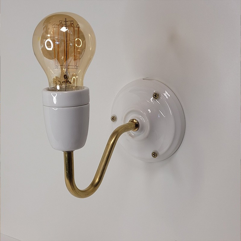 Applique véritable porcelaine blanche et tube col de cygne en laiton ciré ou vieux laiton