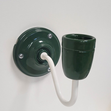 Applique véritable porcelaine vert foncé et tube col de cygne en métal peint en blanc et vernis