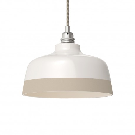 Suspension céramique blanche et liseré couleur taupe - Fait main