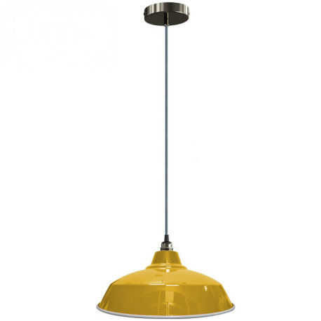 Suspension Bistrot métal Jaune/Orange extérieur et blanc émaillé intérieur - finition perle noire