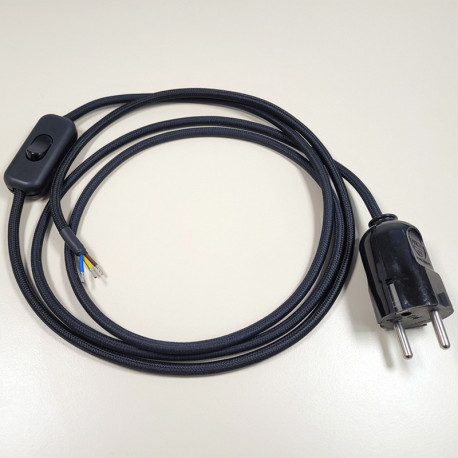 Cordon 2 mètres textile noire fiche deux poles + terre (Euro Schuko) et interrupteur bipolaire avec terre