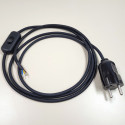 Cordon 2 mètres textile noire fiche deux poles + terre (Euro Schuko) et interrupteur unipolaire avec terre