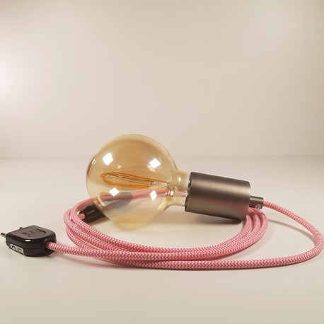 Lampe à suspendre type baladeuse porte-douille métal lisse Inox satiné - Câble textile zig-zag Fuchsia effet soie