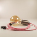 Lampe à suspendre type baladeuse porte-douille métal lisse Inox satiné - Câble textile zig-zag Fuchsia effet soie