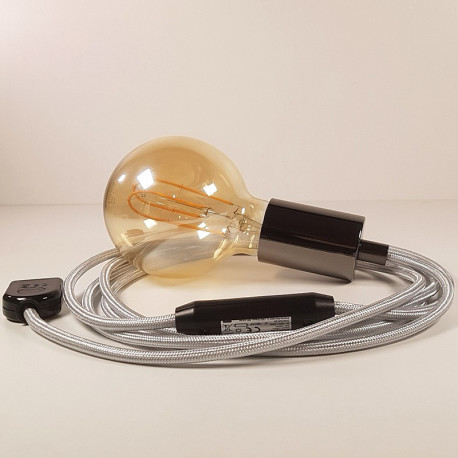 Lampe à suspendre type baladeuse porte-douille métal lisse Perle noire de Tahiti - Câble textile Argent effet soie