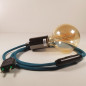 Lampe à suspendre type baladeuse porte-douille métal lisse Inox satiné - Câble textile Bleu Lagon coton