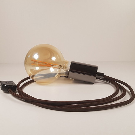 Lampe à suspendre type baladeuse porte-douille métal lisse Perle noire de Tahiti - Câble textile marron.