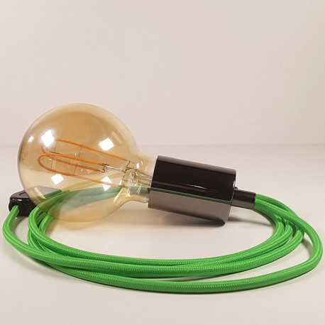 Lampe à suspendre type baladeuse porte-douille métal lisse Perle noire de Tahiti - Câble textile Vert Lime effet soie