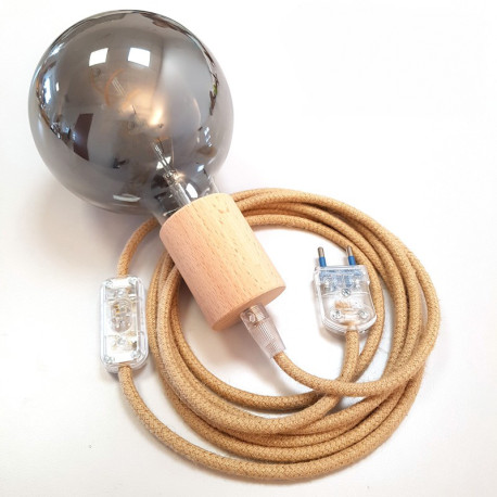 Lampe baladeuse à suspendre câble rond en jute et douille bois