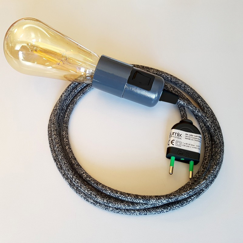 Lampe baladeuse câble textile Lin anthracite, douille E27 anthracite avec interrupteur intégré