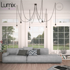 Suspension multiple OCTOPUS  céramique 7 lampes - câble textile extra-souple NOIR