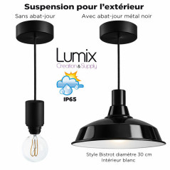 Lampe en suspension pour l'extérieur - Luminaire sur-mesure étanche IP65 - Porte-Douille silicone noire à bague