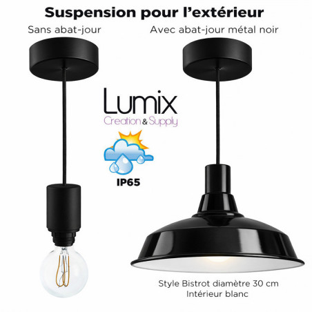 Lampe en suspension pour l'extérieur - Luminaire sur-mesure étanche IP65 - Porte-Douille silicone noire à bague
