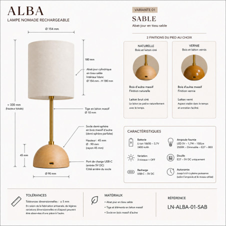 Lampe nomade - ALBA -rechargeable en bois massif et laiton